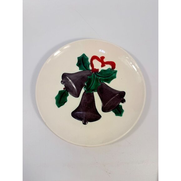 Ceramic Dinner Plates Vintage Handmade Hand-painted 3D Christmas Bells Holly Mal - Picture 5 of 11